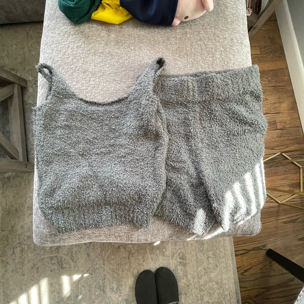 SKIMS Cozy Gray/Green Fuzzy Tank and Shorts Set